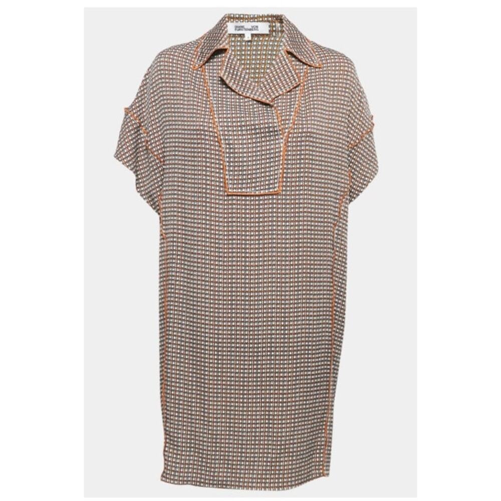 Diane Von Furstenberg Silk Windowpane Shirt Shift Mini Dress Women's Medium